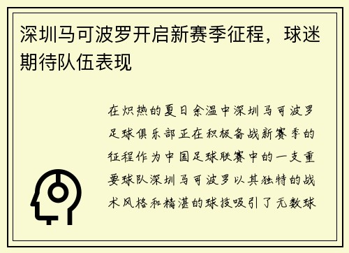 深圳马可波罗开启新赛季征程，球迷期待队伍表现